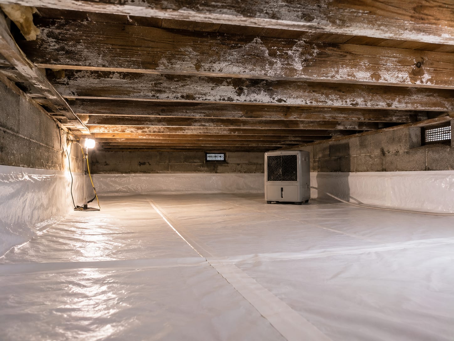Crawl space interior with white vapor barrier encapsulation over dirt floor and treated wood joists overhead, with a portable dehumidifier running near the foundation wall