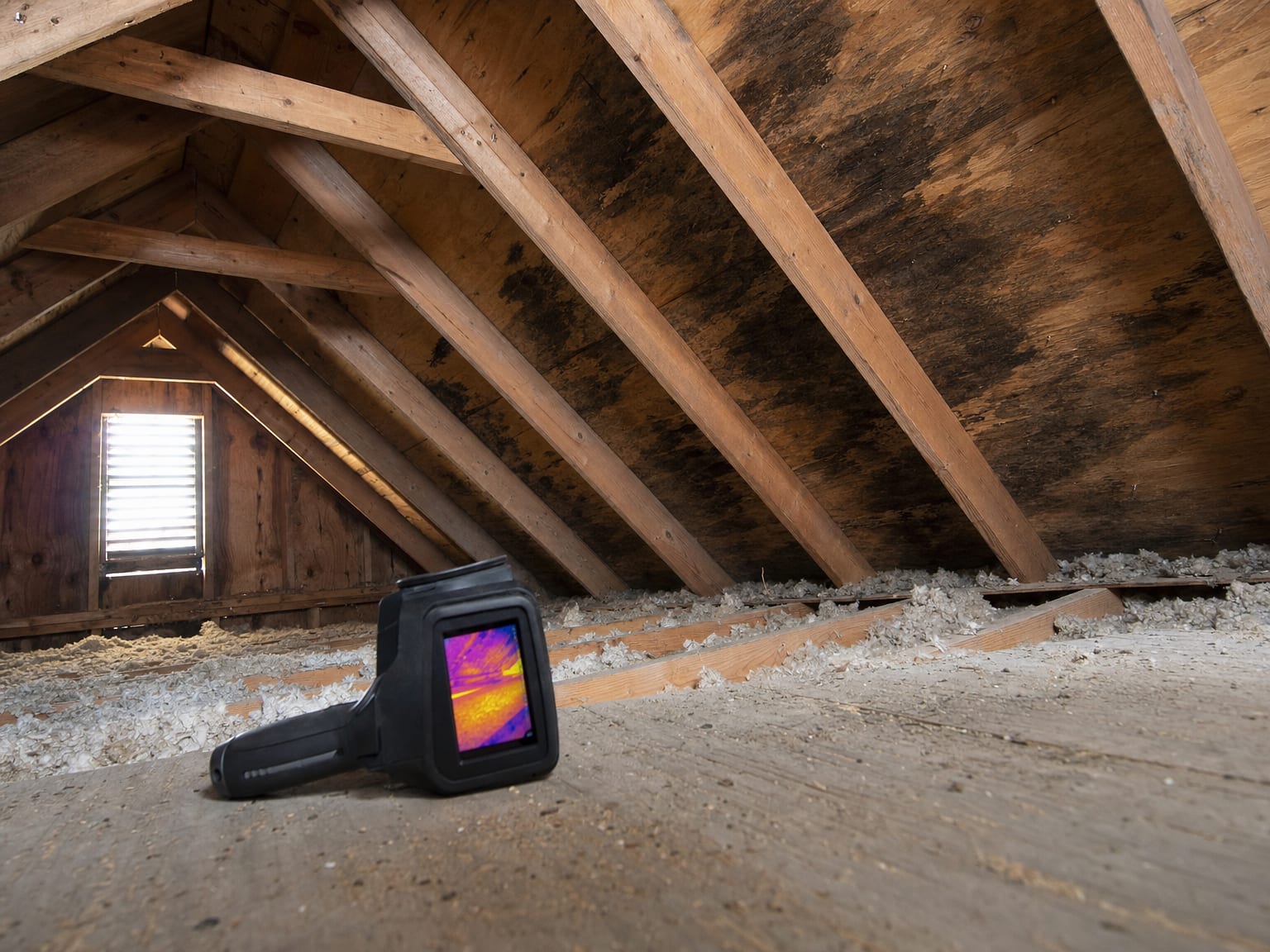 Digital moisture meter pressed against a wood floor joist in a dimly lit crawl space showing aged insulation and concrete foundation walls