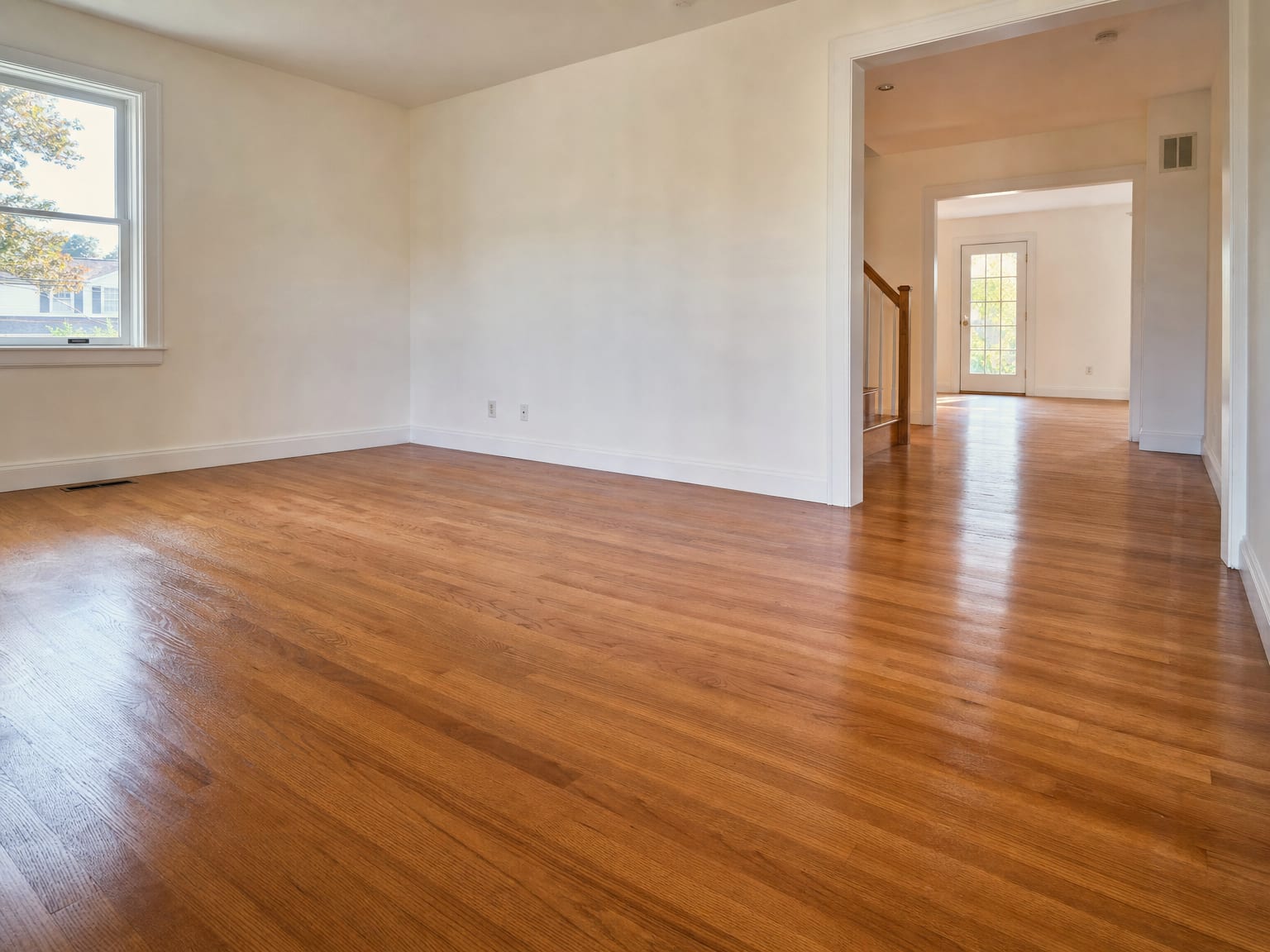 Clean vacant finished basement with freshly wiped baseboards, vacuumed carpet, and clean utility area in a New Jersey home