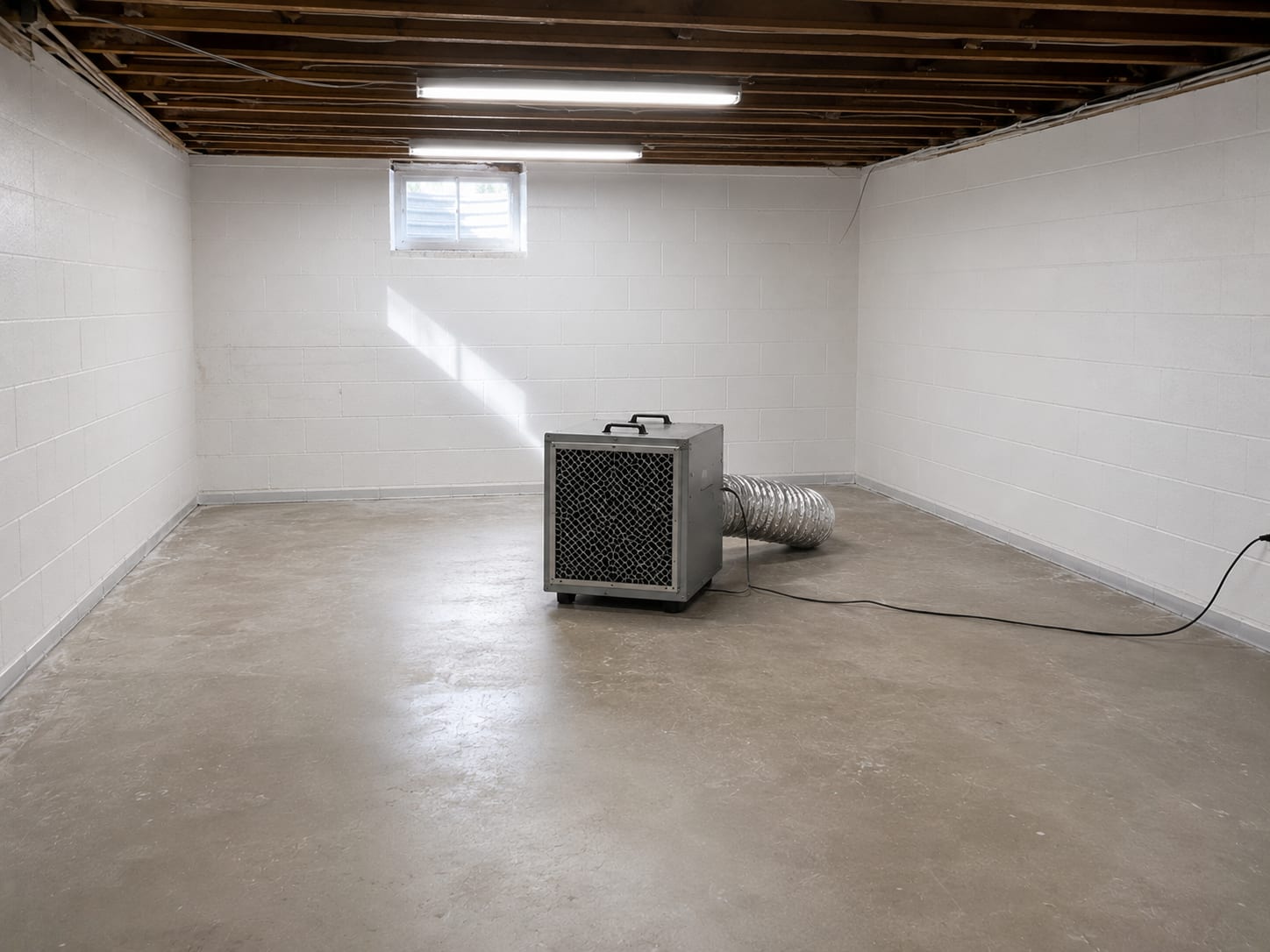 Fully remediated basement interior in a New Jersey colonial home showing clean white-painted concrete walls, dry polished concrete floor, and a bright HEPA air scrubber unit positioned near the center of the room