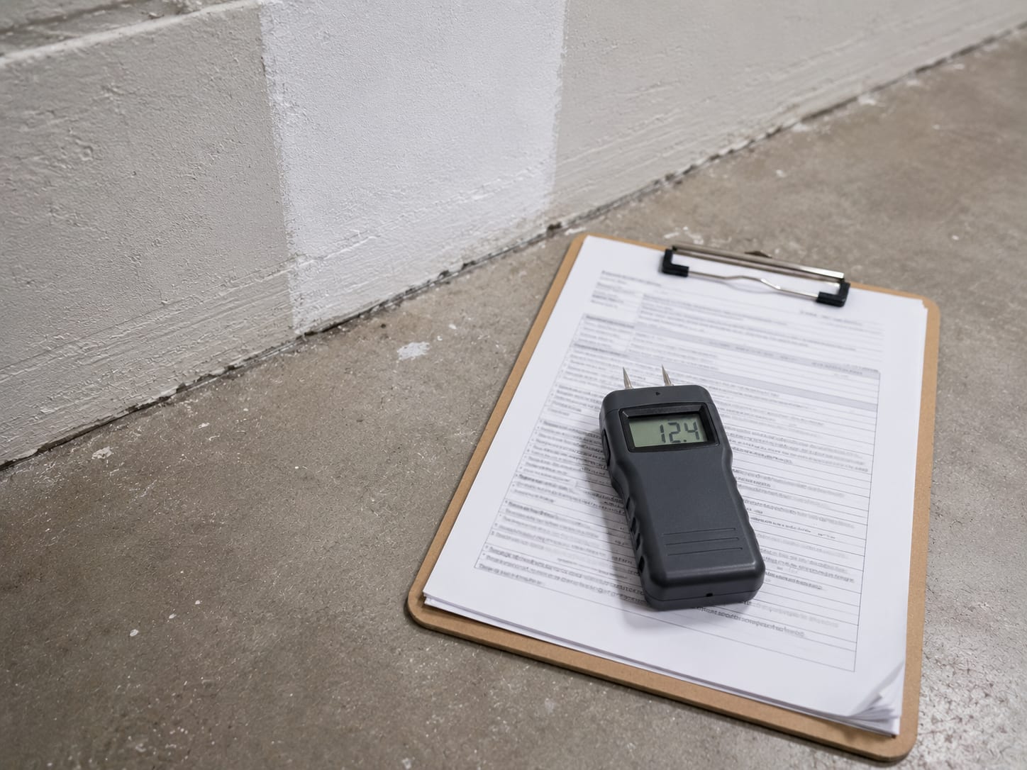 Digital moisture meter resting on a printed inspection report clipboard on a basement floor beside a concrete wall showing a repaired and freshly painted section