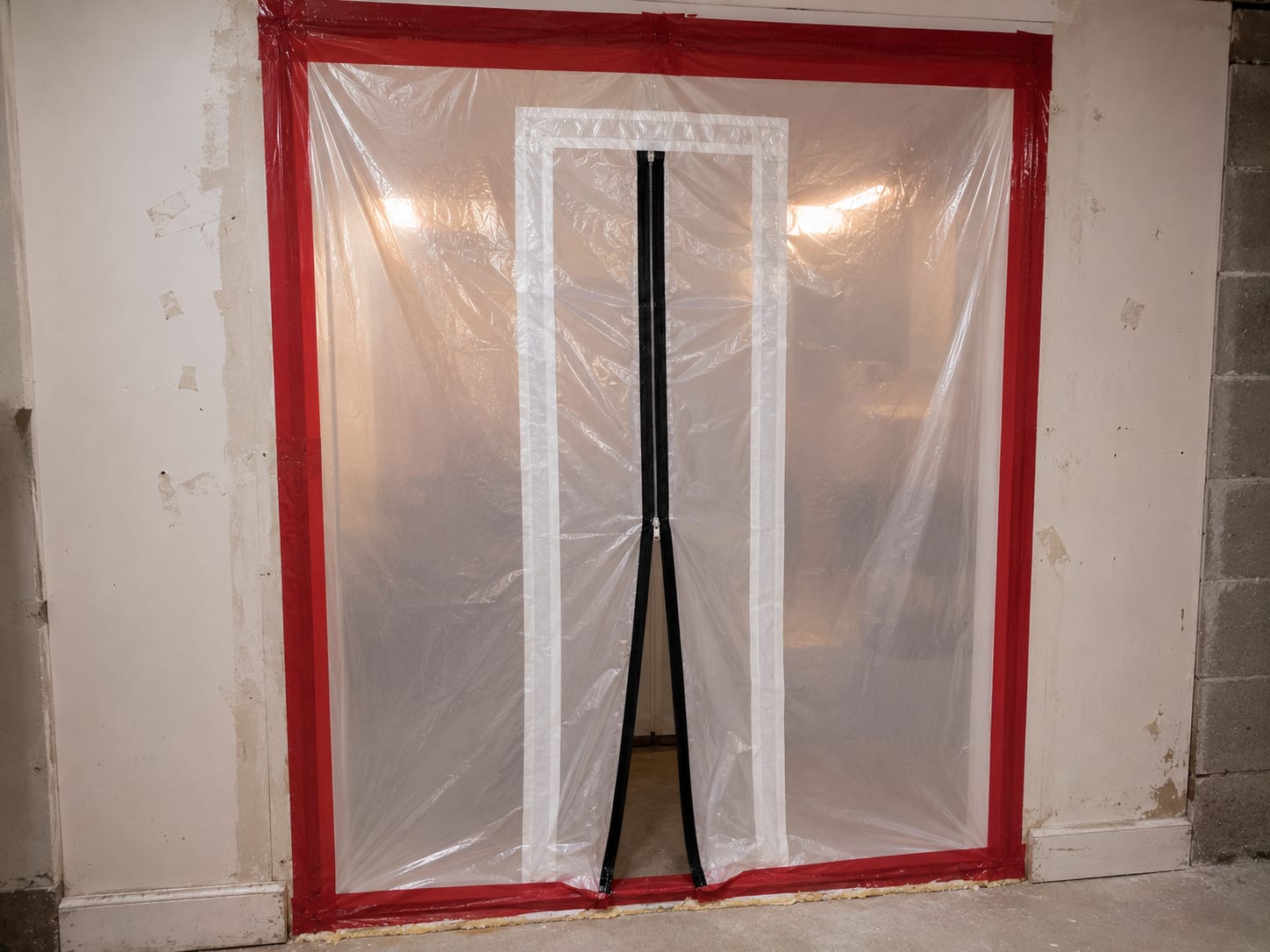 Close view of a plastic poly sheeting containment barrier secured with tape across a doorway in a New Jersey home with a heavy-duty zipper access panel installed in the center