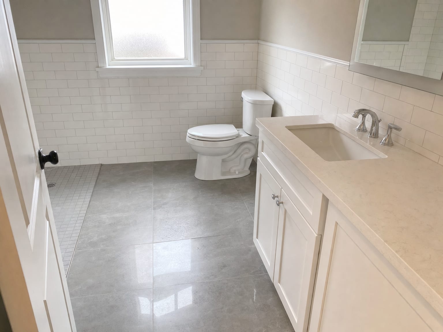 Newly constructed room with clean concrete subfloor, fresh drywall, and construction debris cleared away