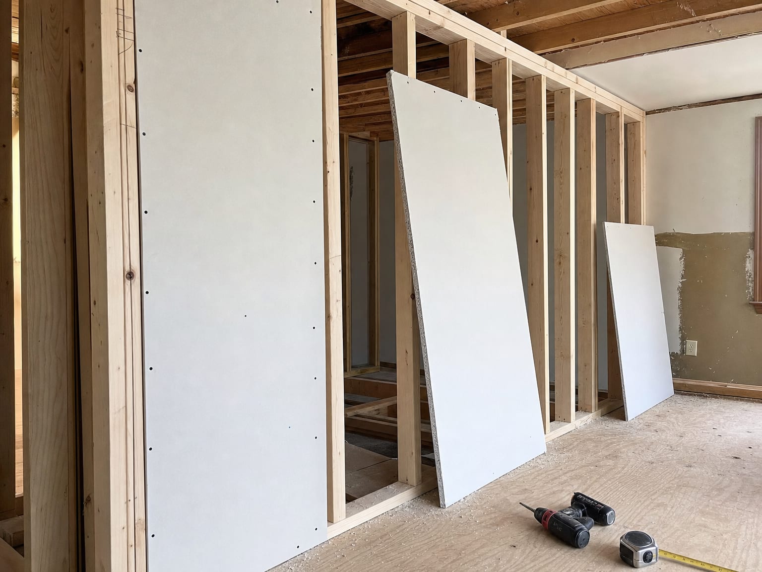Clean crawl space interior with new white vapor barrier poly sheeting laid over soil and fresh insulation batts between floor joists
