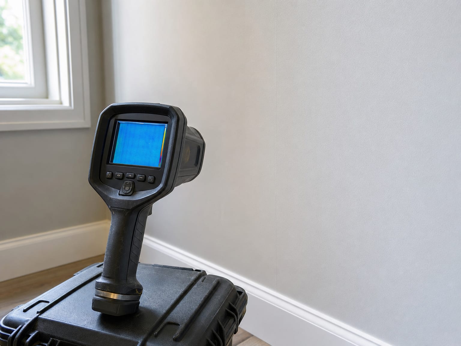 Air sampling pump on tripod in a clean treated basement with fresh drywall and sealed concrete floor