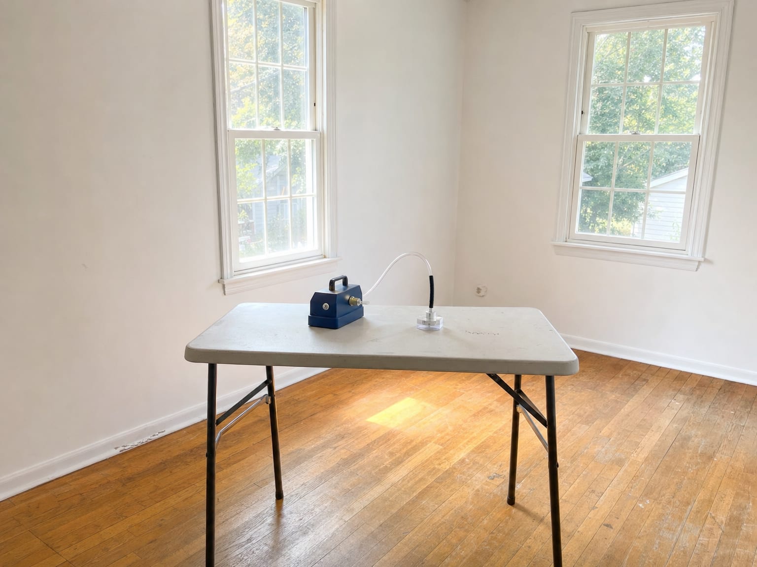 Printed clearance test report on a clipboard resting on a clean finished basement floor beside an air sampling case