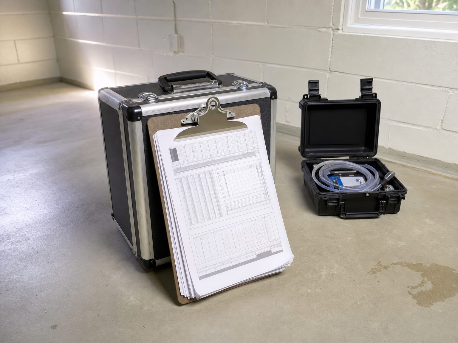 Air sampling cassette and pump assembly on a small table in a clean empty residential bedroom with bright natural light