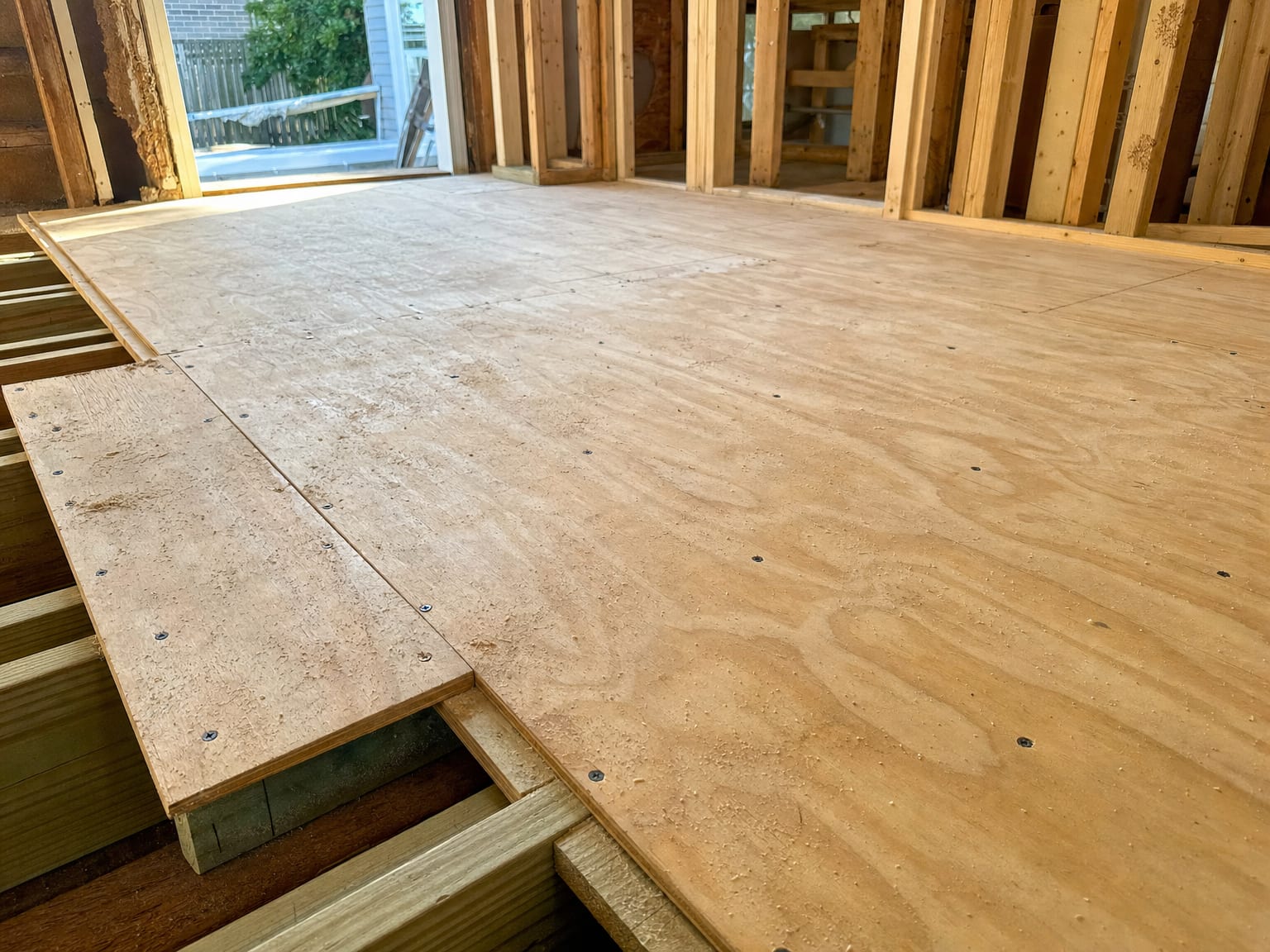 New plywood subfloor sheets installed over floor joists in a stripped residential room mid-reconstruction after water damage