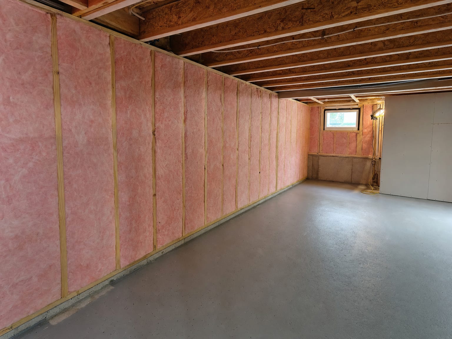 Freshly reconstructed basement interior with new drywall, painted walls, and clean concrete floor after water damage restoration
