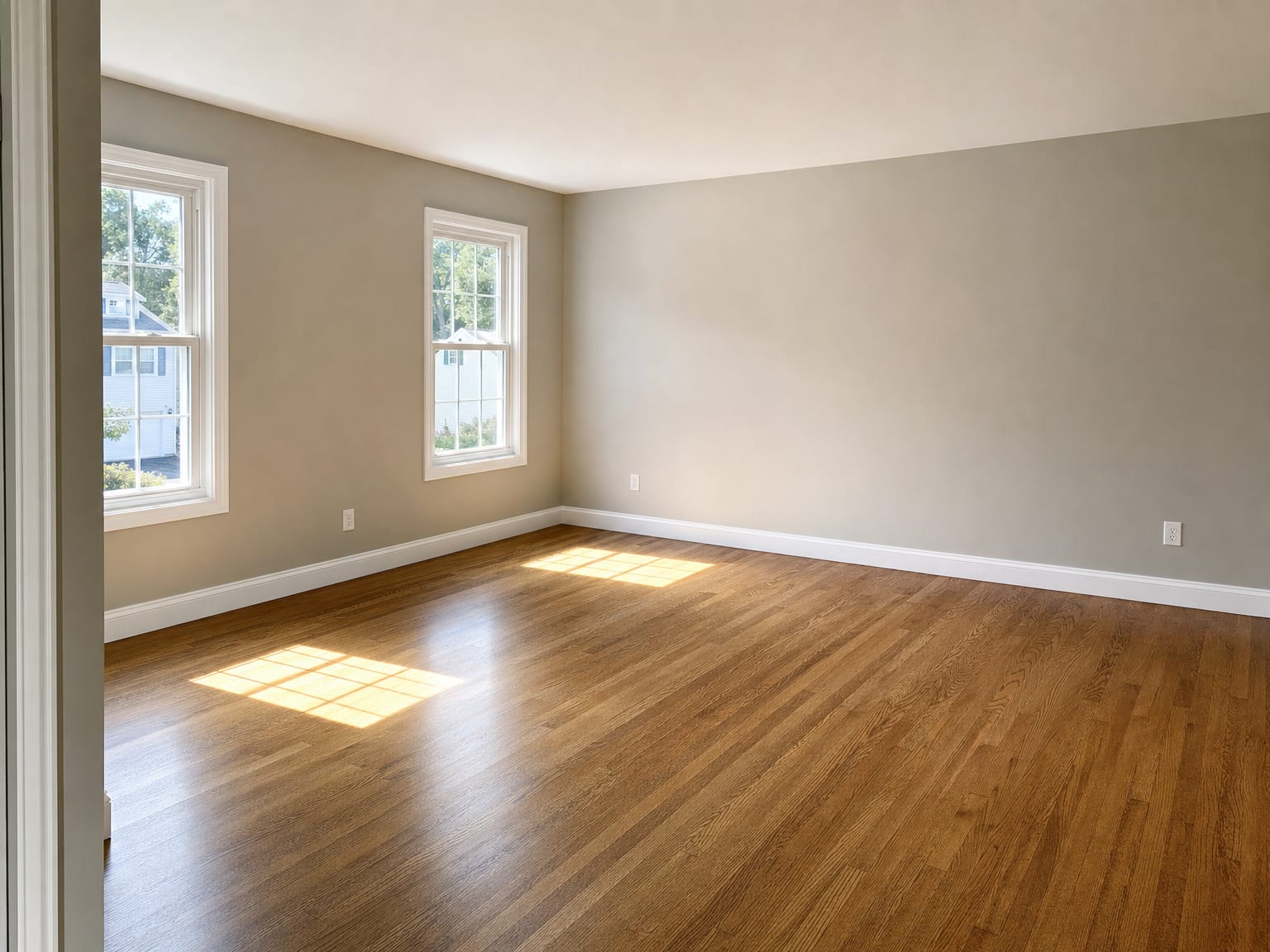Fully restored first-floor living room in a New Jersey colonial home with fresh paint, new trim, and clean hardwood floors after water damage reconstruction