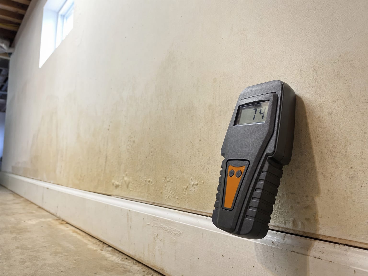 Thermal imaging camera aimed at a crawl space foundation wall revealing a cool damp anomaly shown in blue and purple tones on its screen