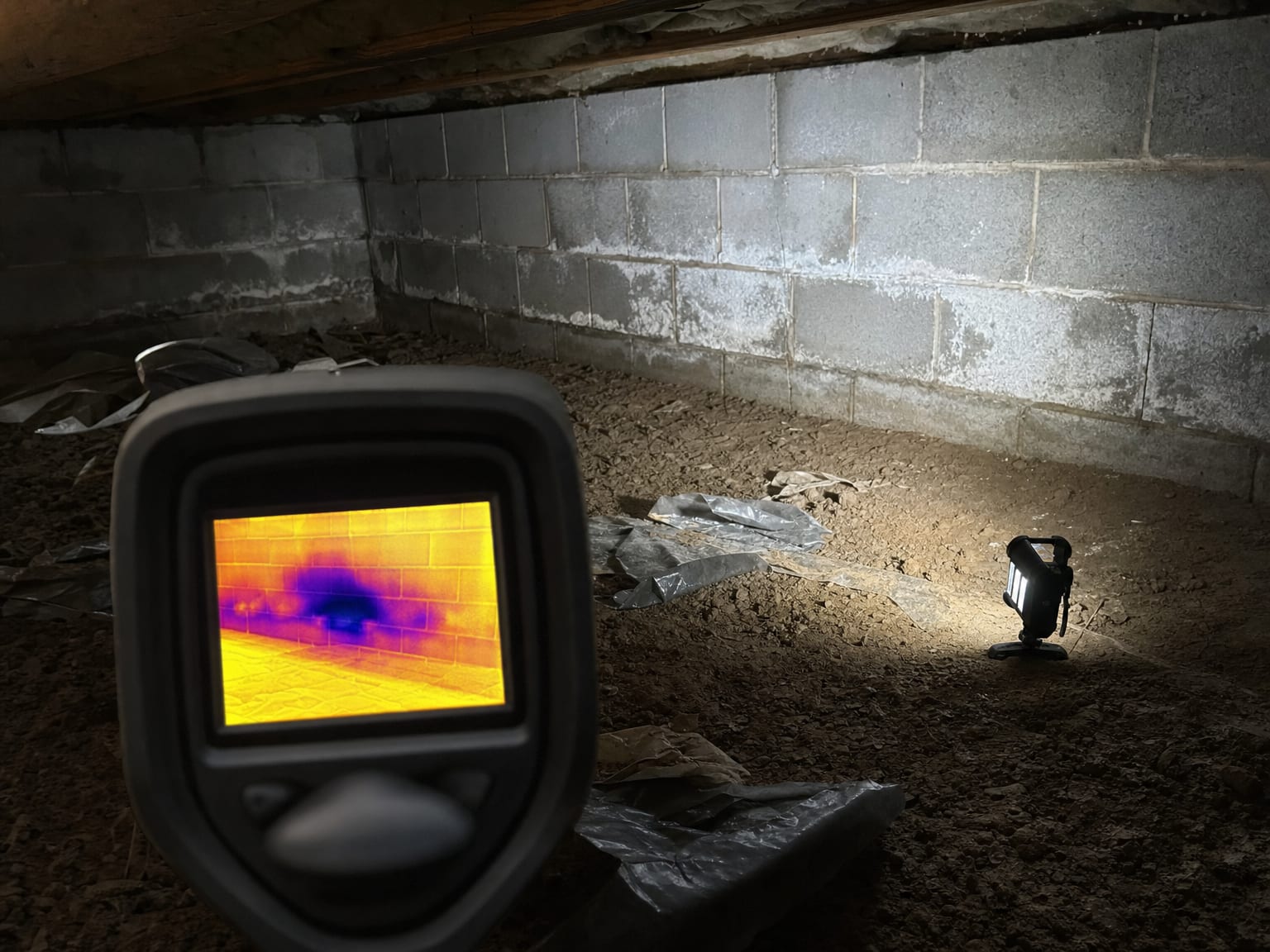 Air sampling pump connected to a spore trap cassette mounted on a small tripod inside a finished basement room ready for ambient air quality collection
