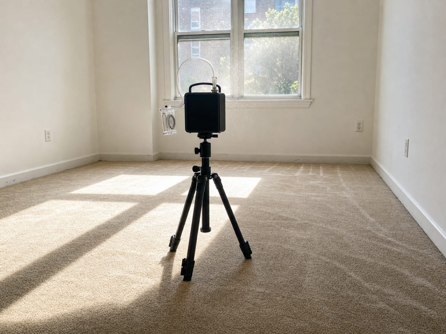 Hallway of a multi-unit New Jersey rental property sealed with floor-to-ceiling plastic sheeting containment barrier and a HEPA negative air scrubber machine positioned at the threshold