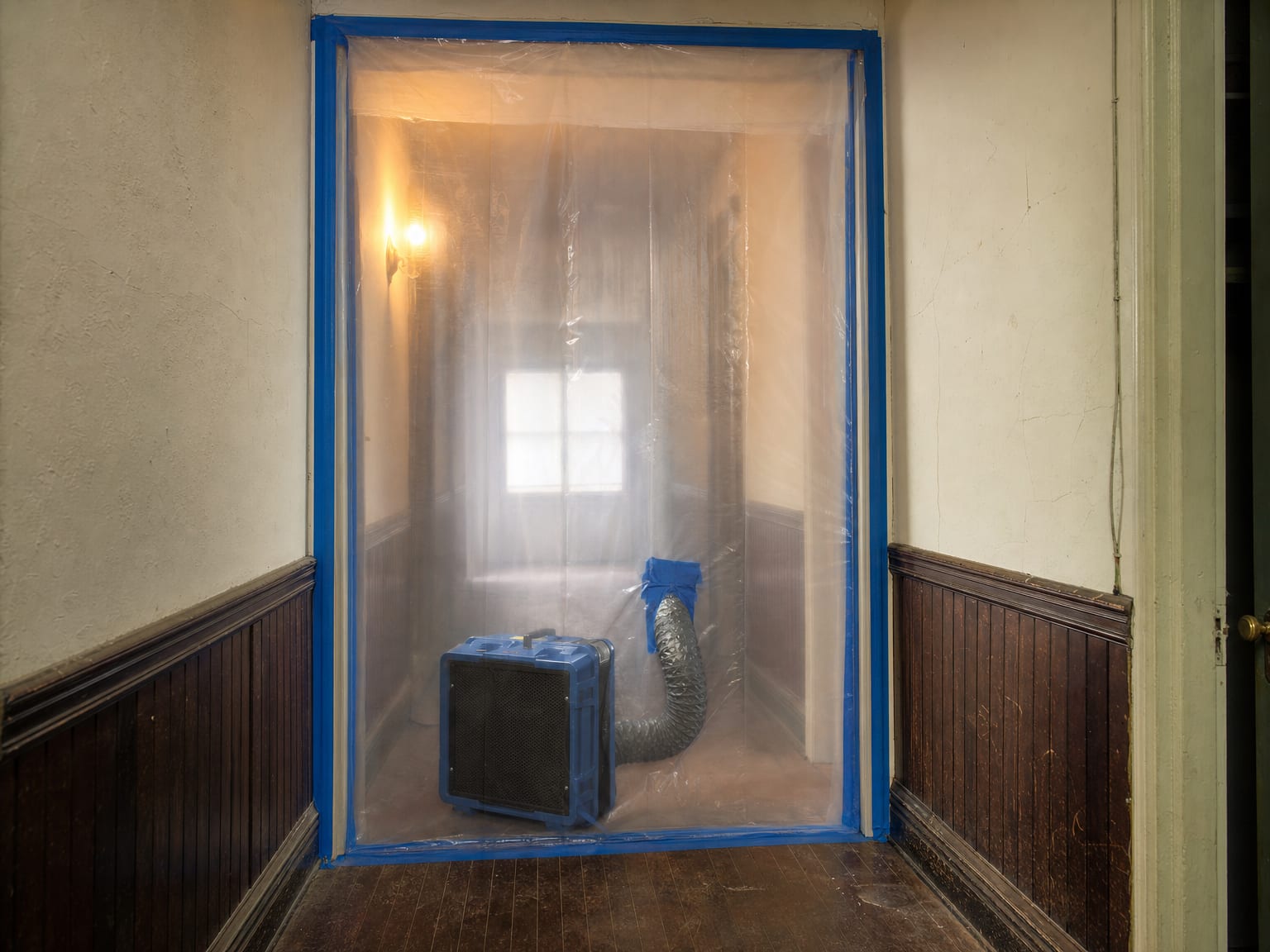 Remediated finished basement interior with clean drywall surfaces, dehumidification equipment, and containment barriers partially removed after mold treatment