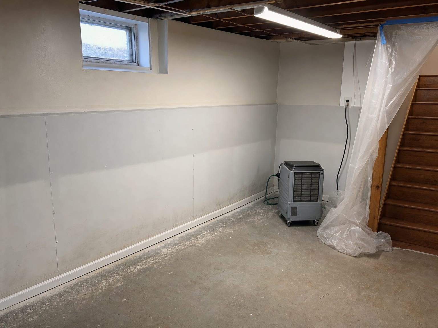 Dark crawl space beneath a New Jersey colonial home showing moisture meter resting on a joist and visible mold growth on wood framing awaiting remediation