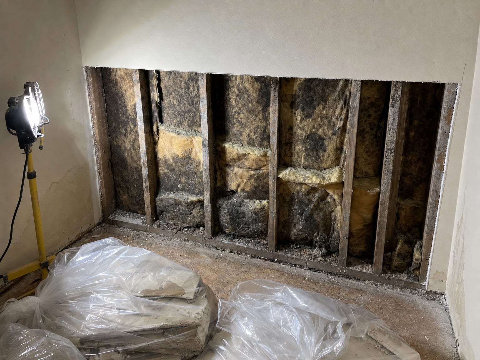 Partially demolished interior wall in a New Jersey apartment showing removed drywall sections exposing mold-affected wood studs and discolored insulation behind the framing