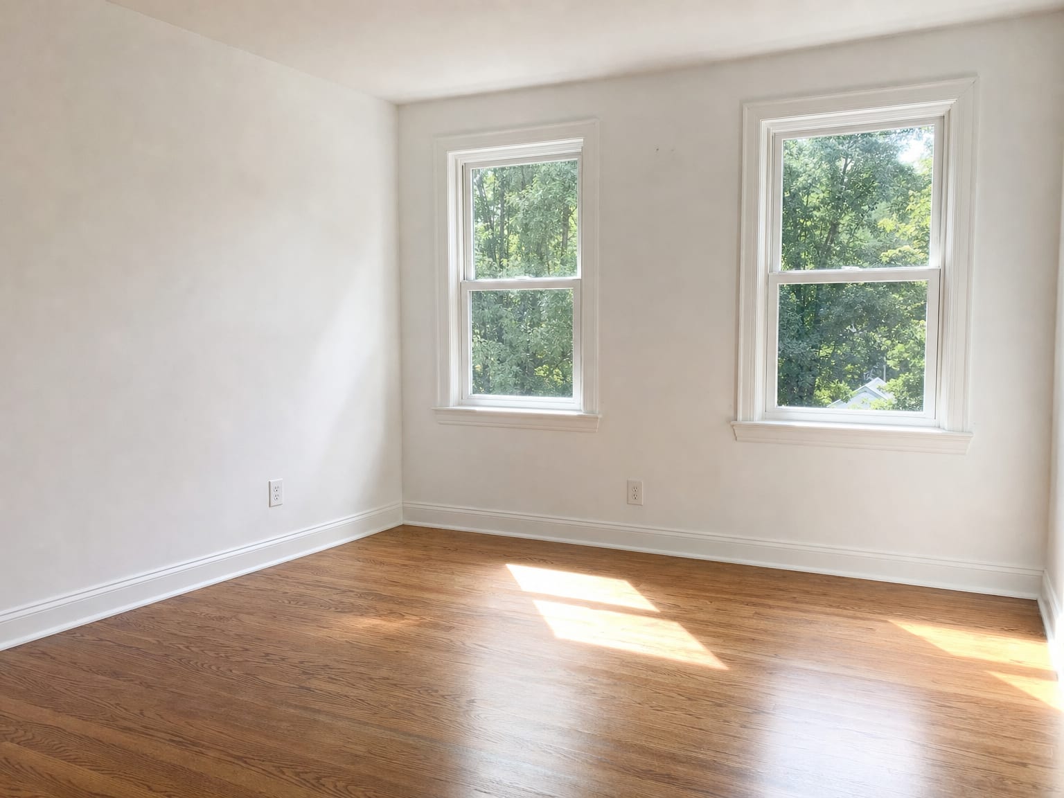 Fully restored and clean interior room of a New Jersey rental property after mold remediation showing fresh white paint on walls, new baseboard trim, and bright natural light through double-hung windows
