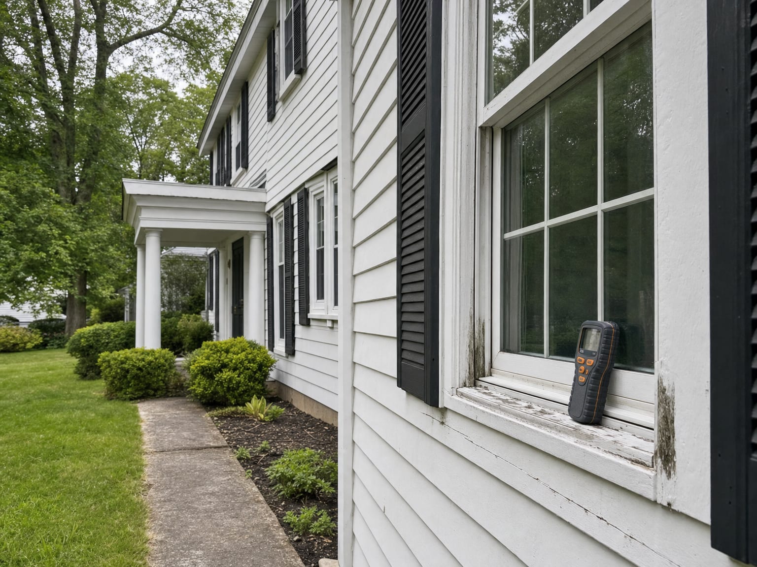 Printed mold inspection report on a clipboard resting on a wooden table beside a thermal imaging camera and a moisture meter