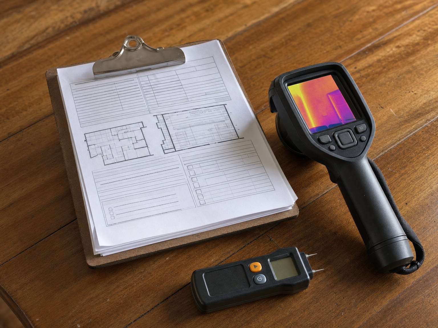 Interior of a residential crawl space with a small air sampling pump and cassette mounted on a vapor barrier, fibrous insulation visible above