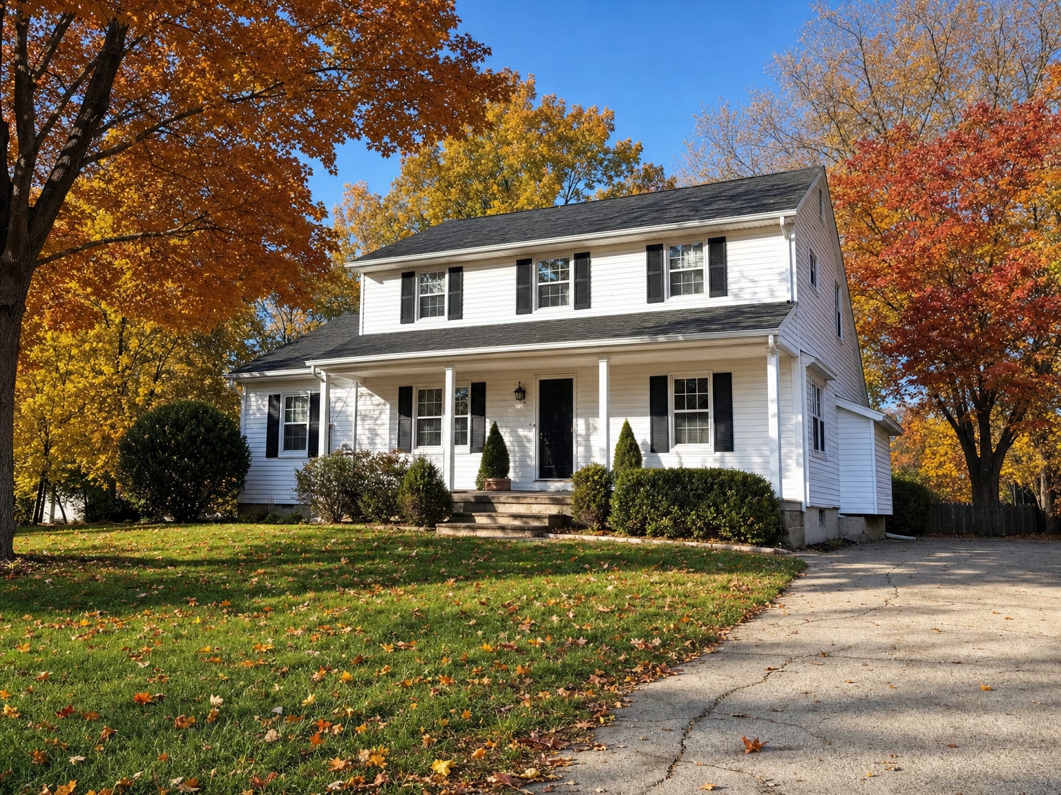 Exterior of a white vinyl clapboard colonial home in New Jersey in autumn with fallen leaves on the lawn and a clear sky