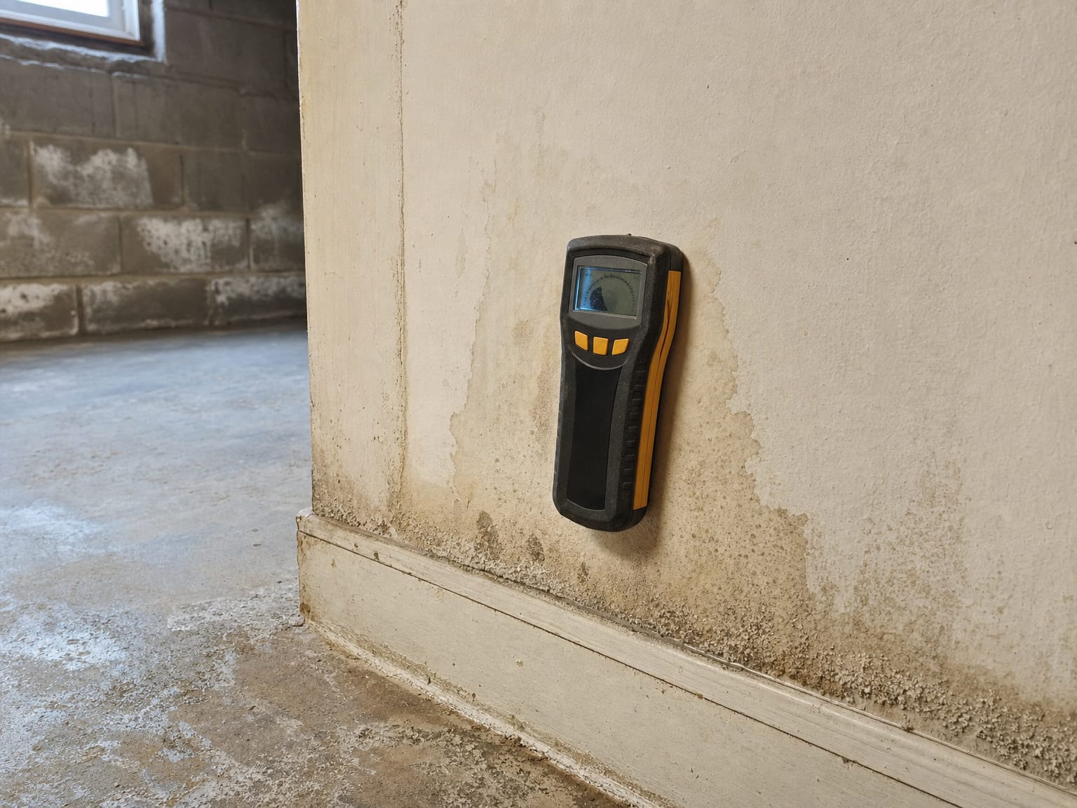 A thermal imaging camera mounted on a tripod aimed at an interior wall of a New Jersey home showing thermal anomalies associated with hidden moisture