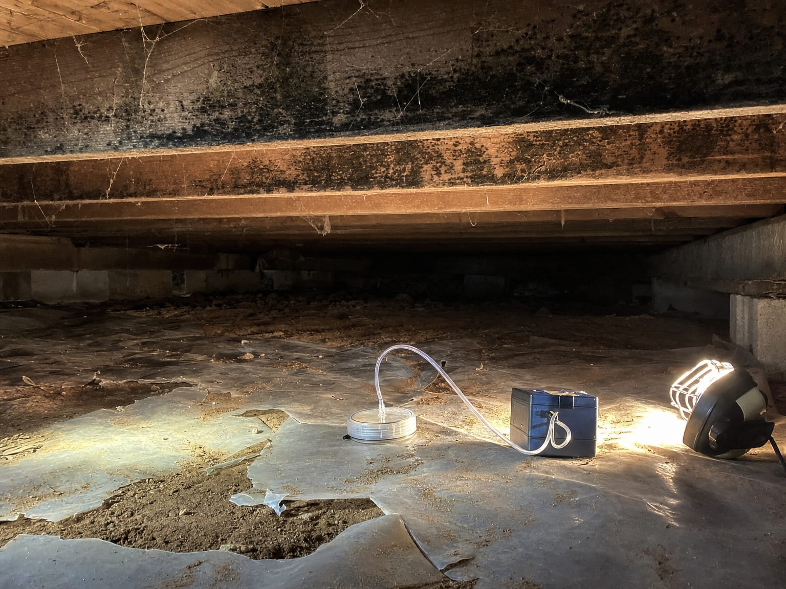 A flat surface showing air sampling cassettes, a sampling pump, and a moisture inspection report laid out on a folding table inside a New Jersey residential interior