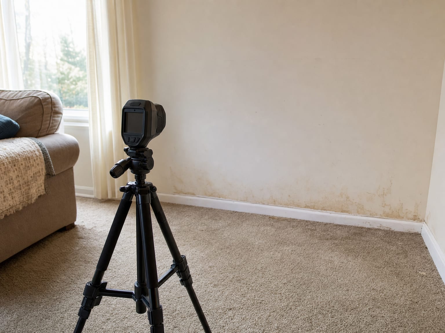 Close-up of a moisture meter pressed against a water-stained drywall surface in a New Jersey home basement
