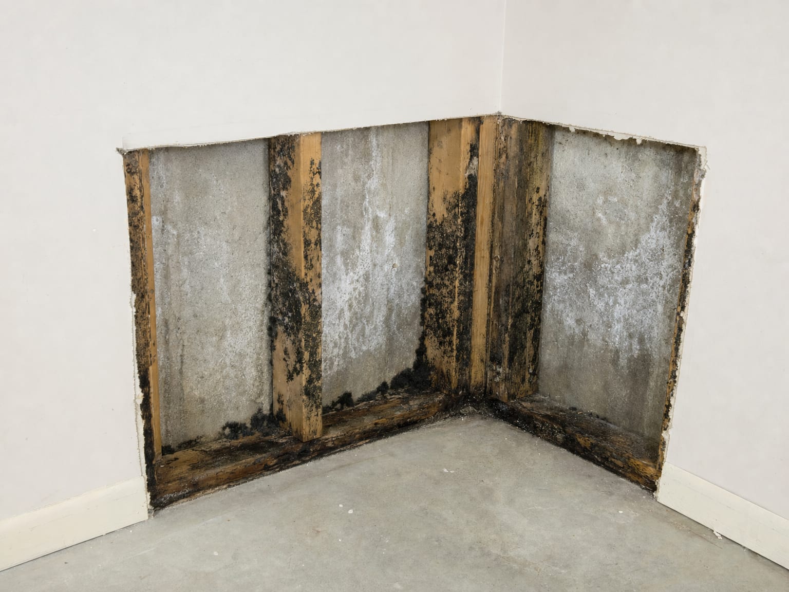 Underfloor crawl space in a New Jersey home showing a vapor barrier laid over bare soil with visible mold growth on floor joists above
