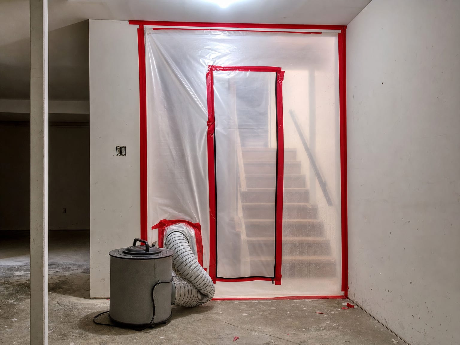 Air sampling pump and cassette collection device resting on a windowsill inside a residential room during post-remediation testing