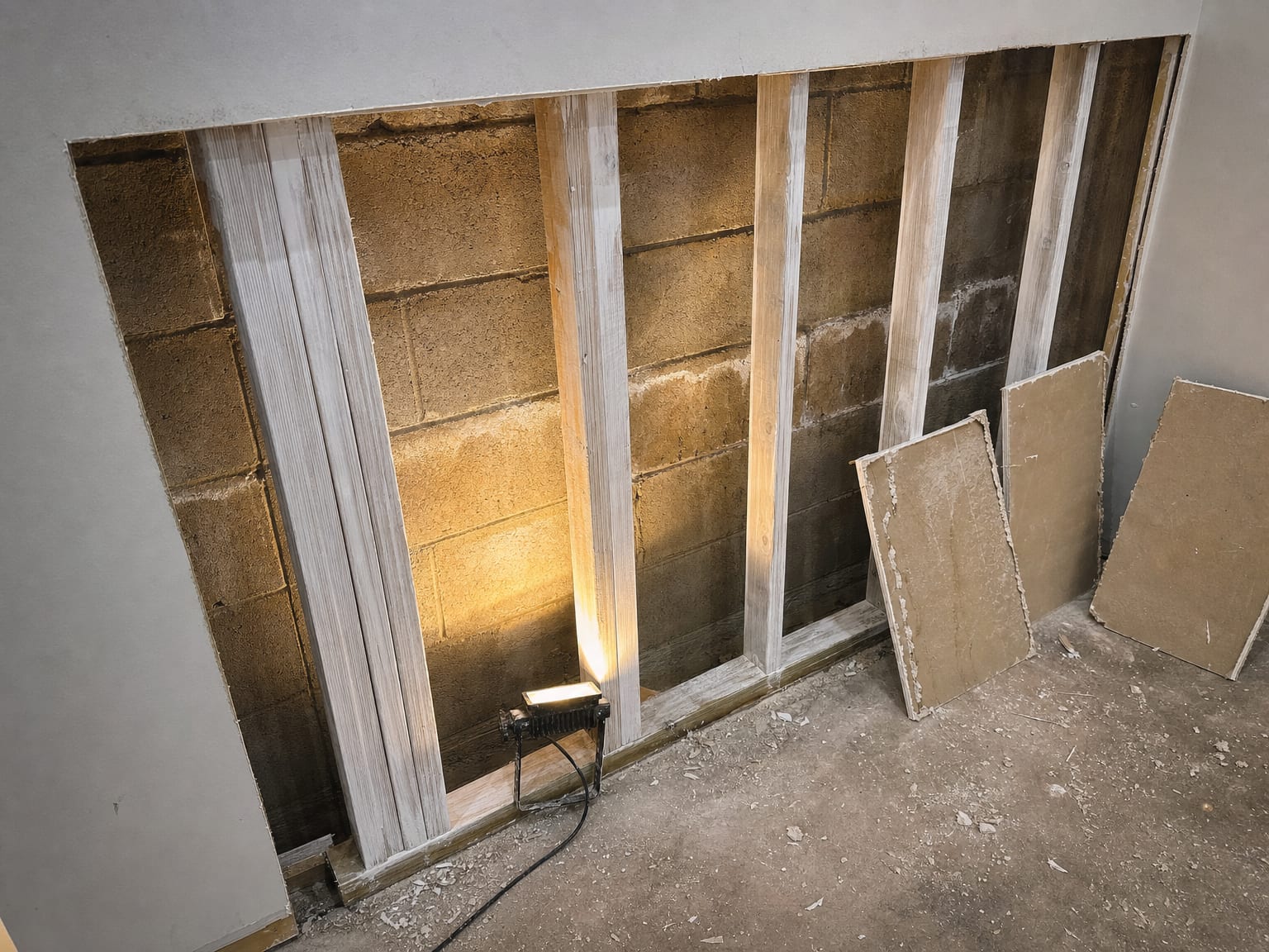 Close-up of a partially remediated basement wall showing removed drywall sections and treated bare studs with antimicrobial coating