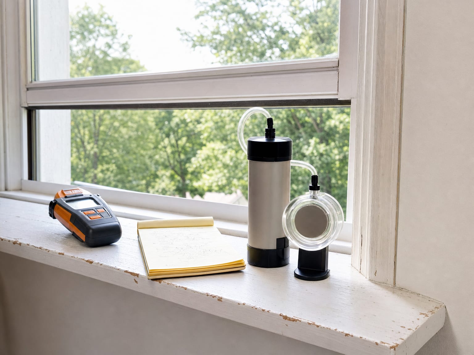 Plastic containment sheeting sealing off a basement doorway with a HEPA negative-air scrubber unit positioned outside