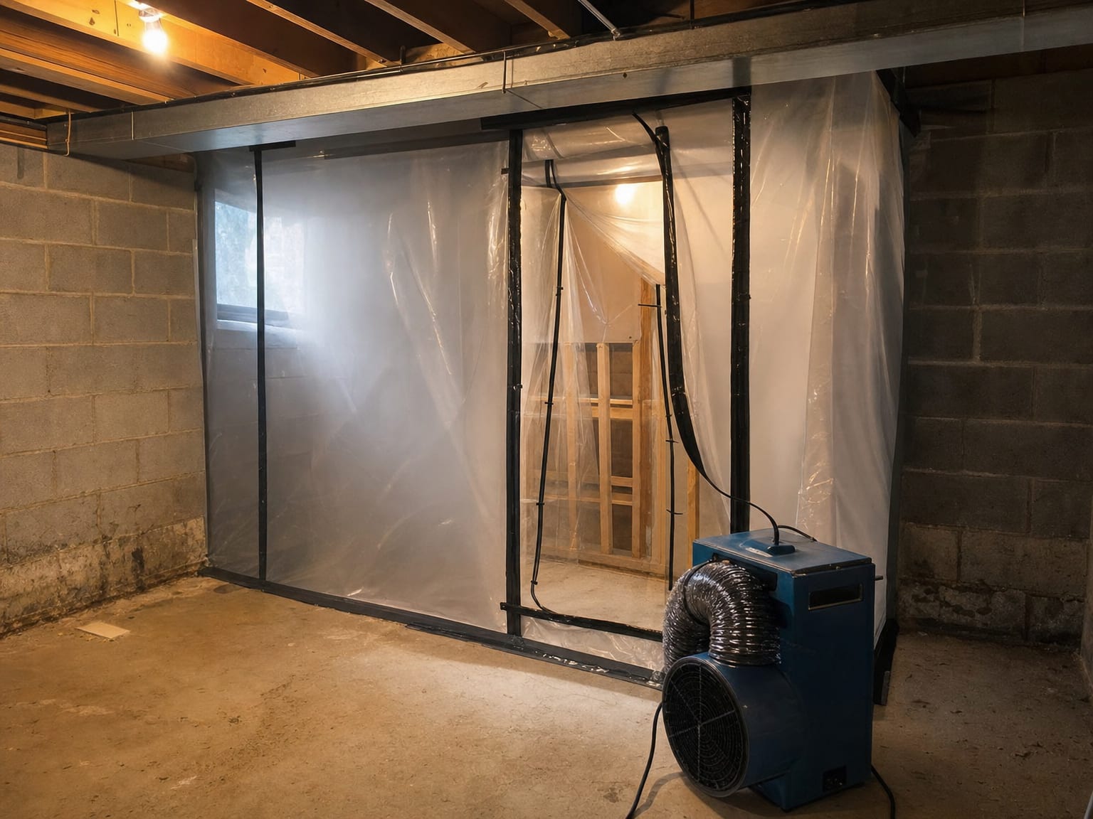 Air sampling pump and cassette mounted on a tripod inside a vacant New Jersey home bedroom for post-remediation air quality verification