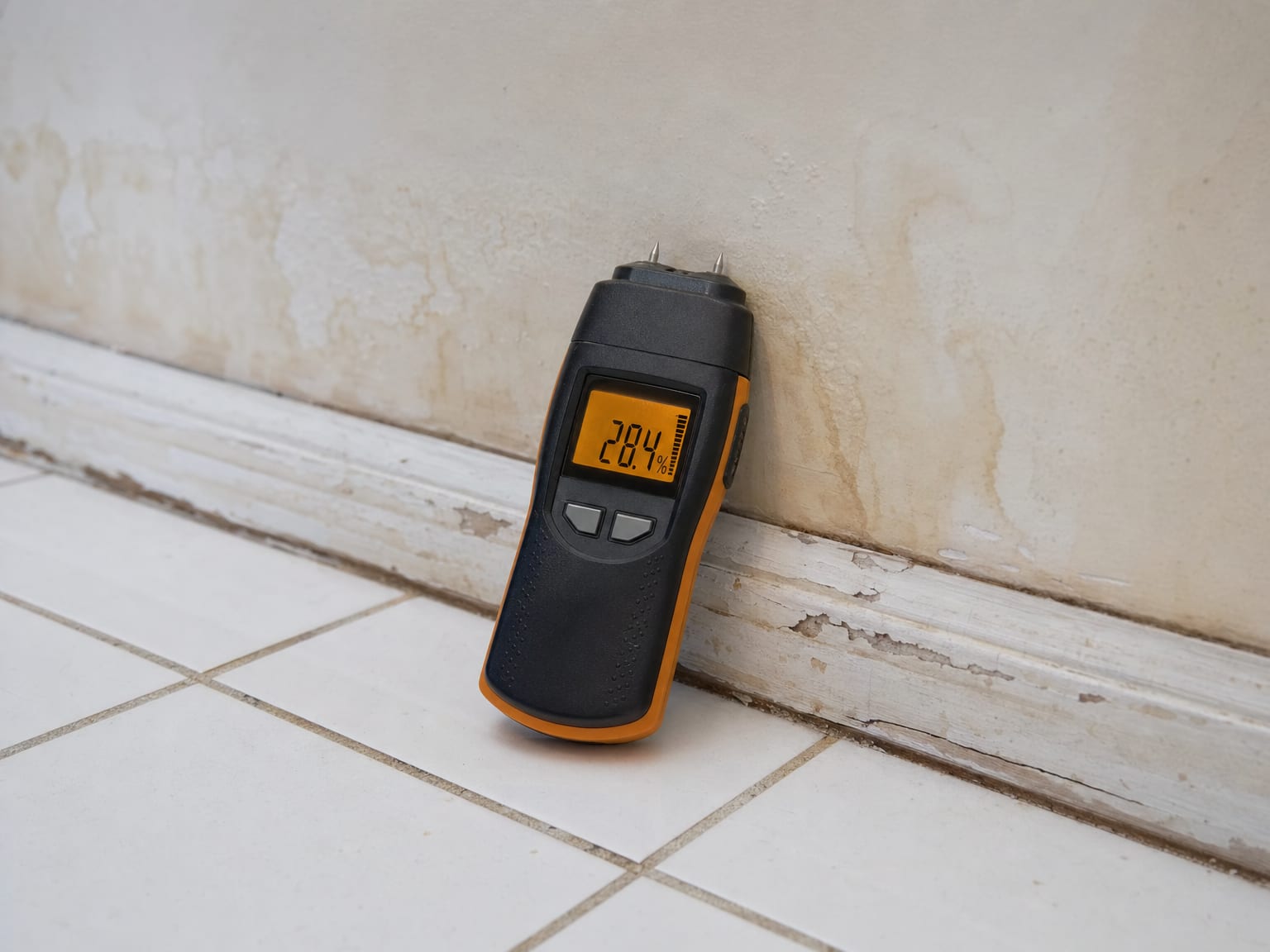 Close-up of a digital moisture meter pressed against a water-stained drywall surface in a New Jersey home bathroom
