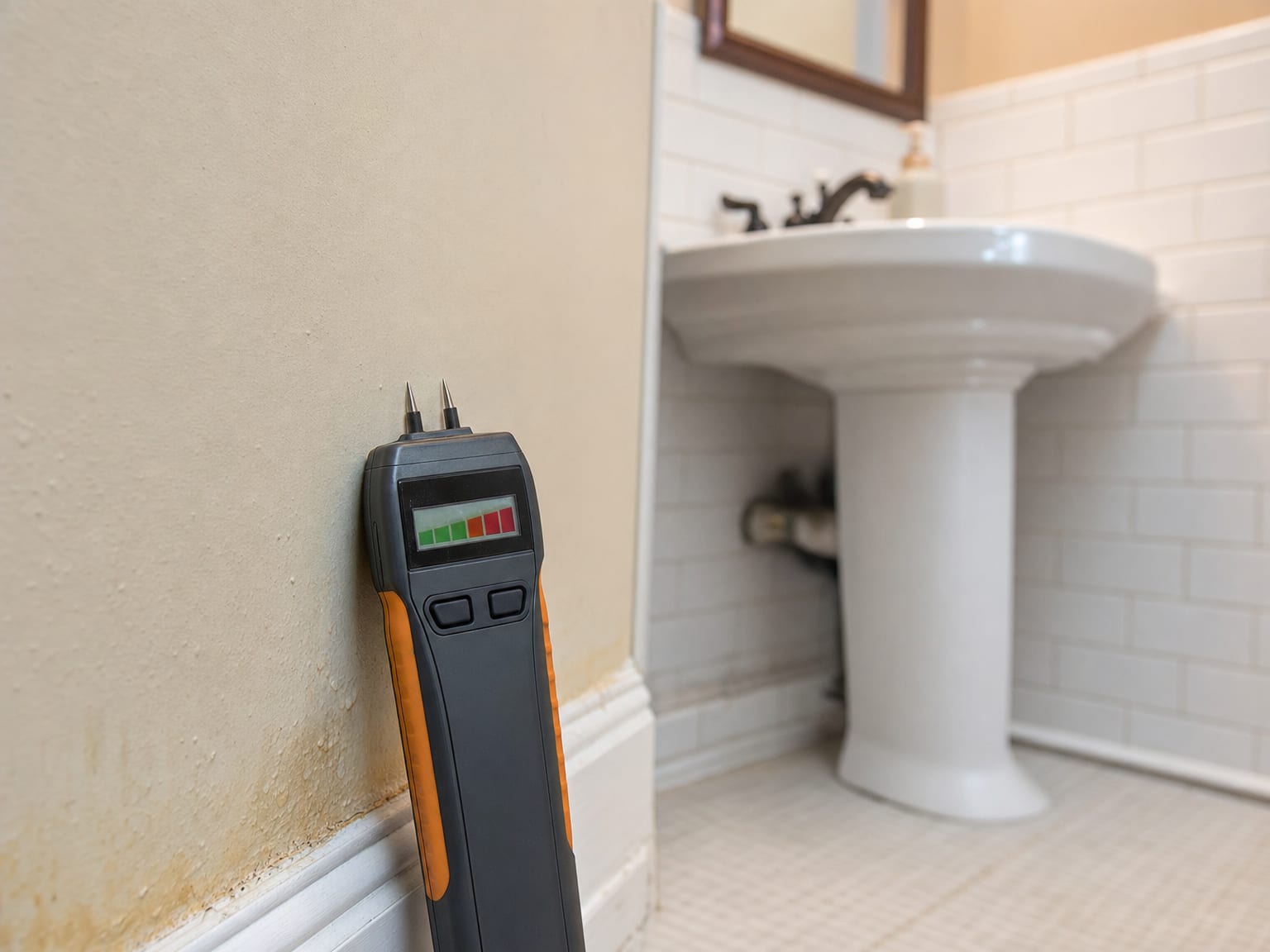 Digital moisture meter probe pressed against a damp drywall surface in a New Jersey home bathroom
