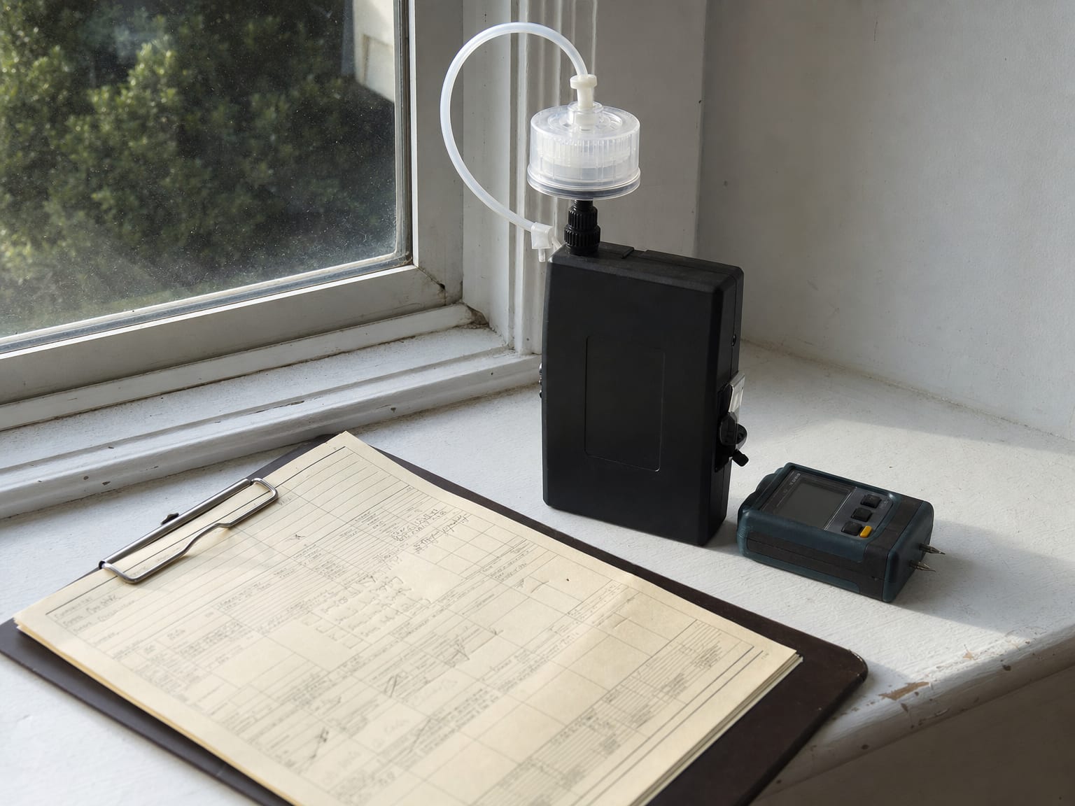 An air sampling pump with an attached cassette resting on a windowsill inside a New Jersey home alongside a moisture meter and a handwritten field data sheet on a clipboard, with afternoon light coming through the window