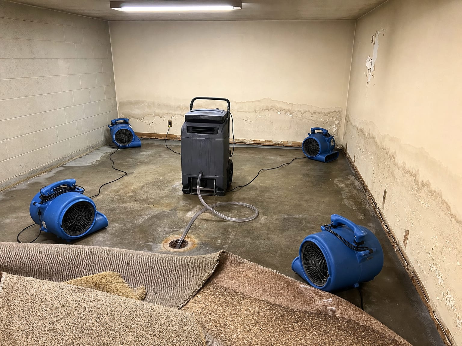 Plastic containment sheeting sealing off a finished basement room in a New Jersey colonial home, with a HEPA negative-air scrubber unit positioned near the barrier and removed drywall sections exposing treated wall cavities
