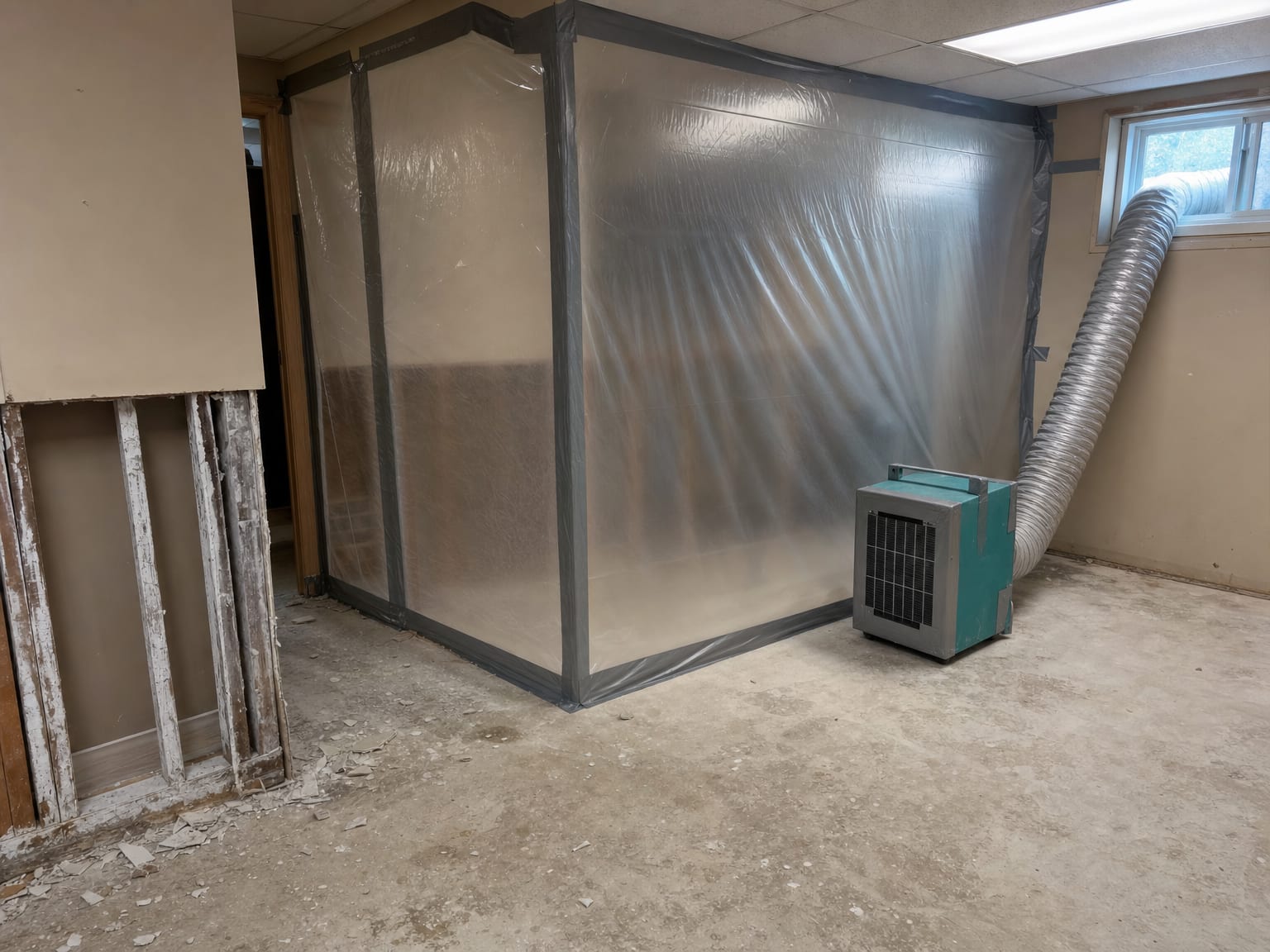The interior of a New Jersey home crawl space showing encapsulated vapor barrier plastic sheeting on the ground and lower foundation walls, with a thermal imaging camera and flashlight resting on the barrier near a foundation pier