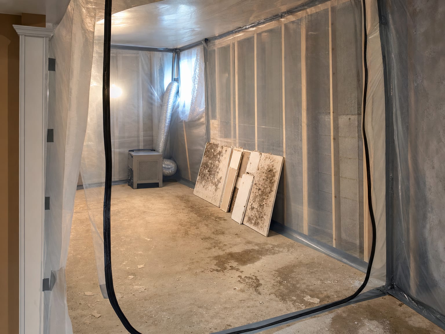 Post-remediation air quality sampling pump on tripod in cleaned basement room with cassette attached, smooth painted walls indicating completed build-back, afternoon light through small window