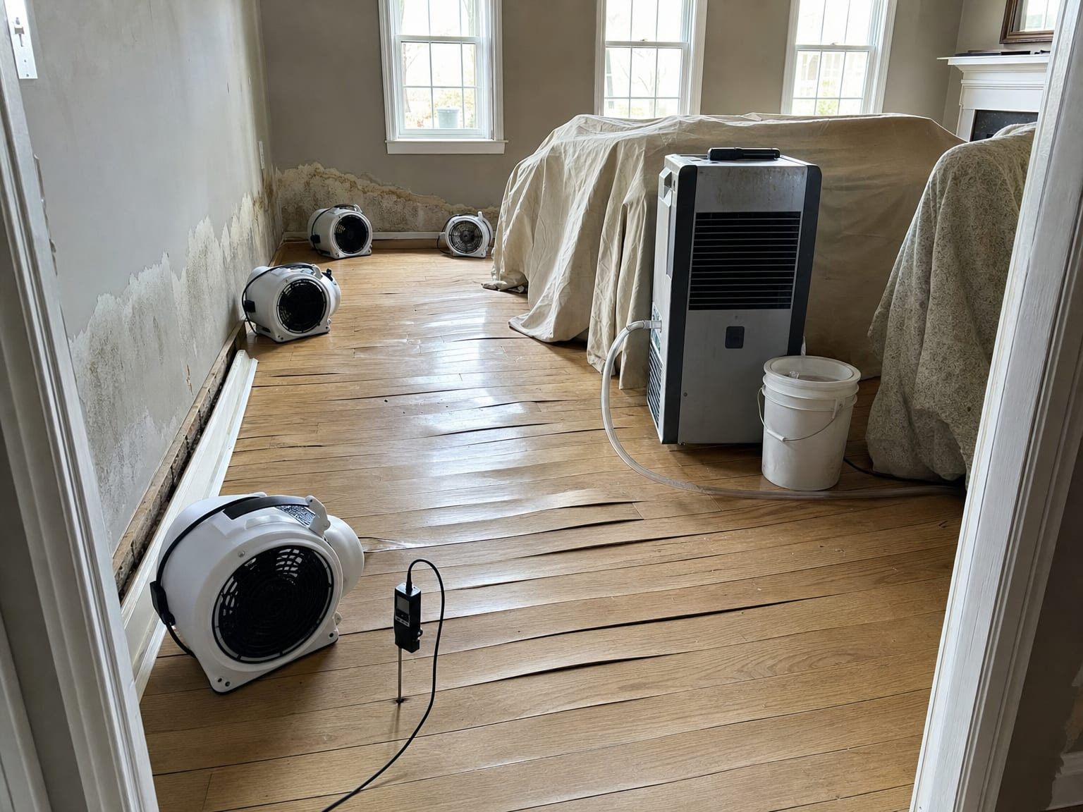 Basement room sealed with heavy polyethylene containment sheeting, HEPA negative-air scrubber unit in corner, removed drywall sections revealing treated framing