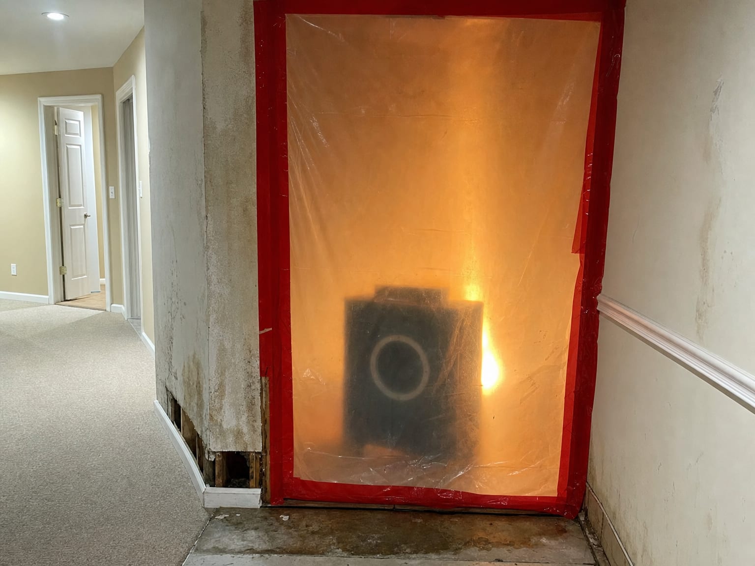 Flooded basement utility room with dark sewage water pooled across concrete floor, extraction equipment staged nearby
