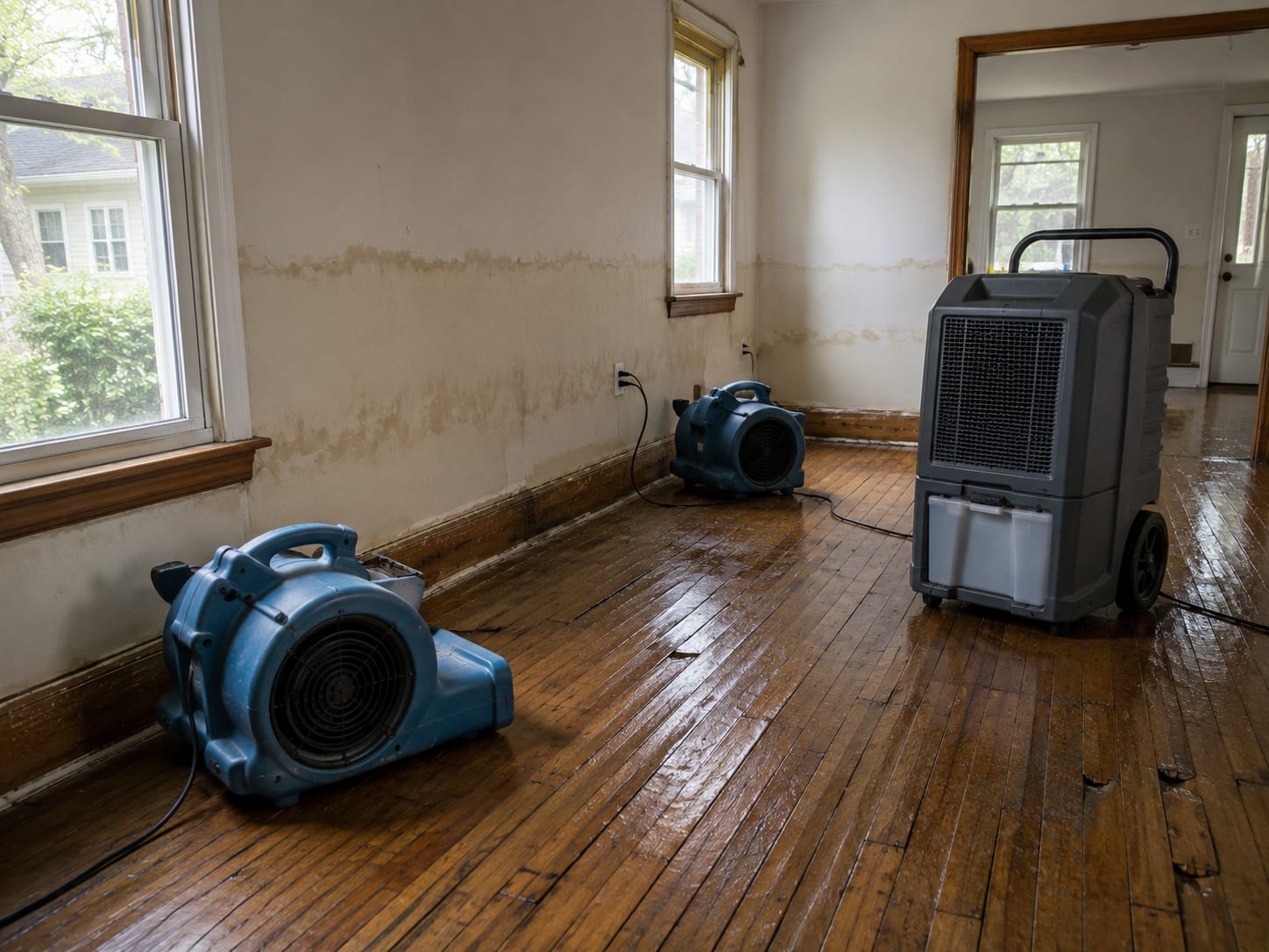 Residential living room in a New Jersey home with industrial air movers and a dehumidifier positioned on water-damaged hardwood flooring during active storm water drying process