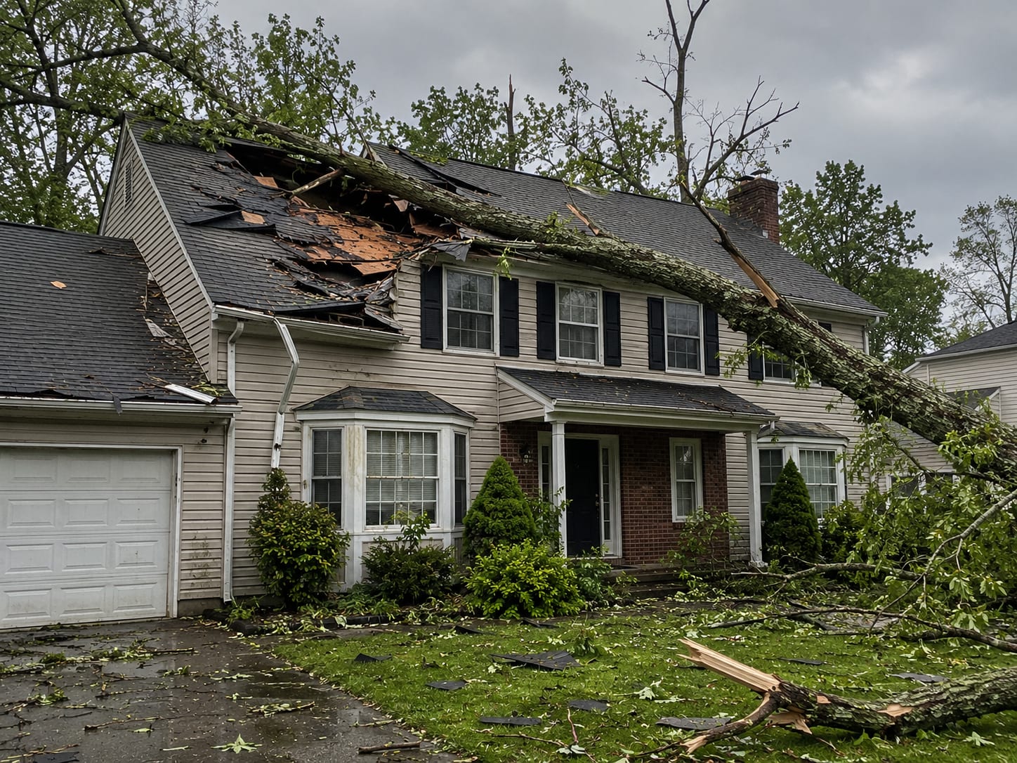 Storm-damaged New Jersey colonial home with fallen tree limb crushing roof section and displaced shingles after severe weather