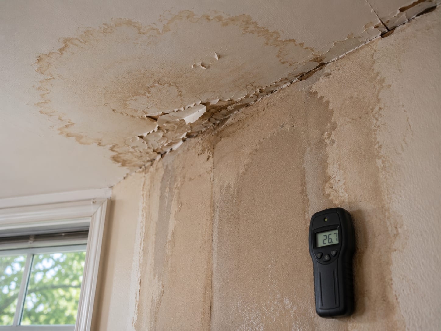 Interior ceiling and wall of a New Jersey home showing water staining, peeling paint, and storm-driven water intrusion damage with a moisture meter reading the wet drywall
