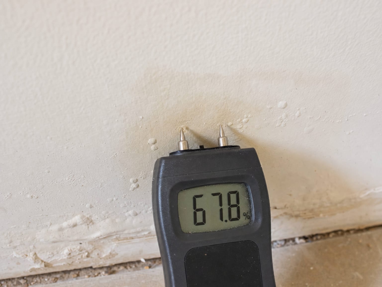 Injection drying system with small-diameter wall-cavity hoses inserted into drilled holes along a damp drywall partition in a New Jersey home