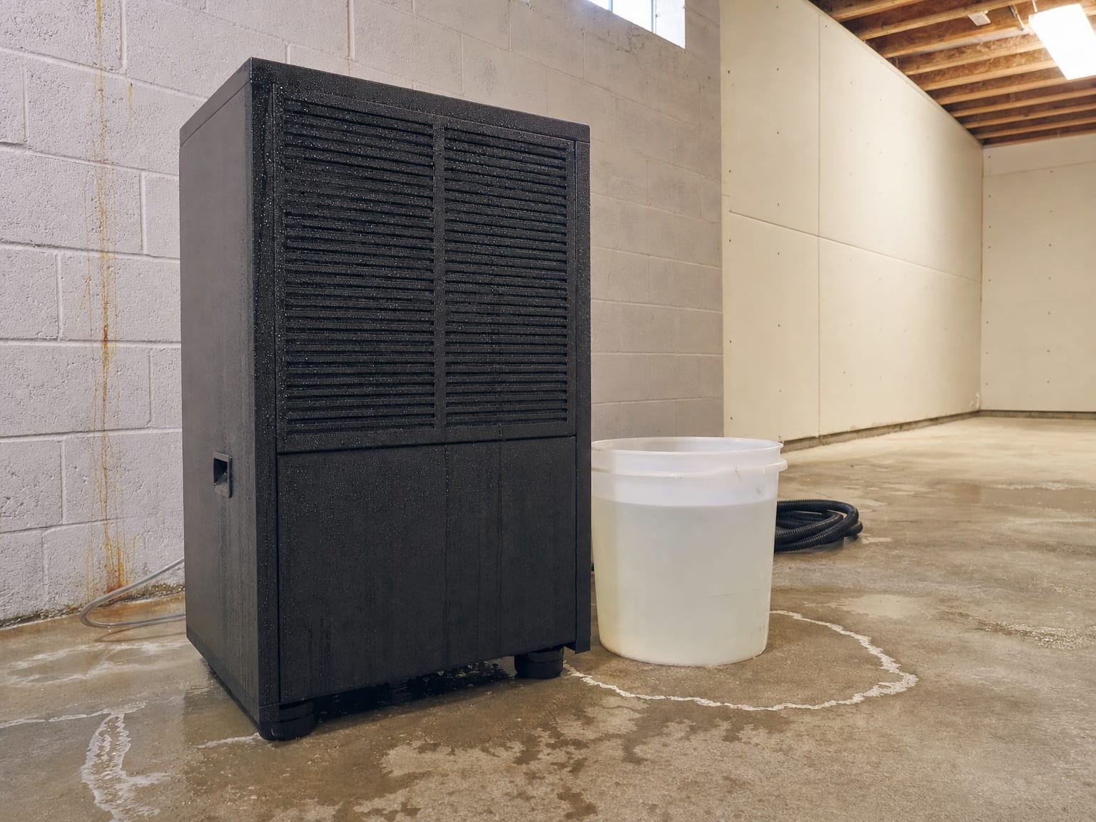 Row of industrial air movers and a commercial dehumidifier deployed across a water-damaged hardwood floor in a New Jersey home