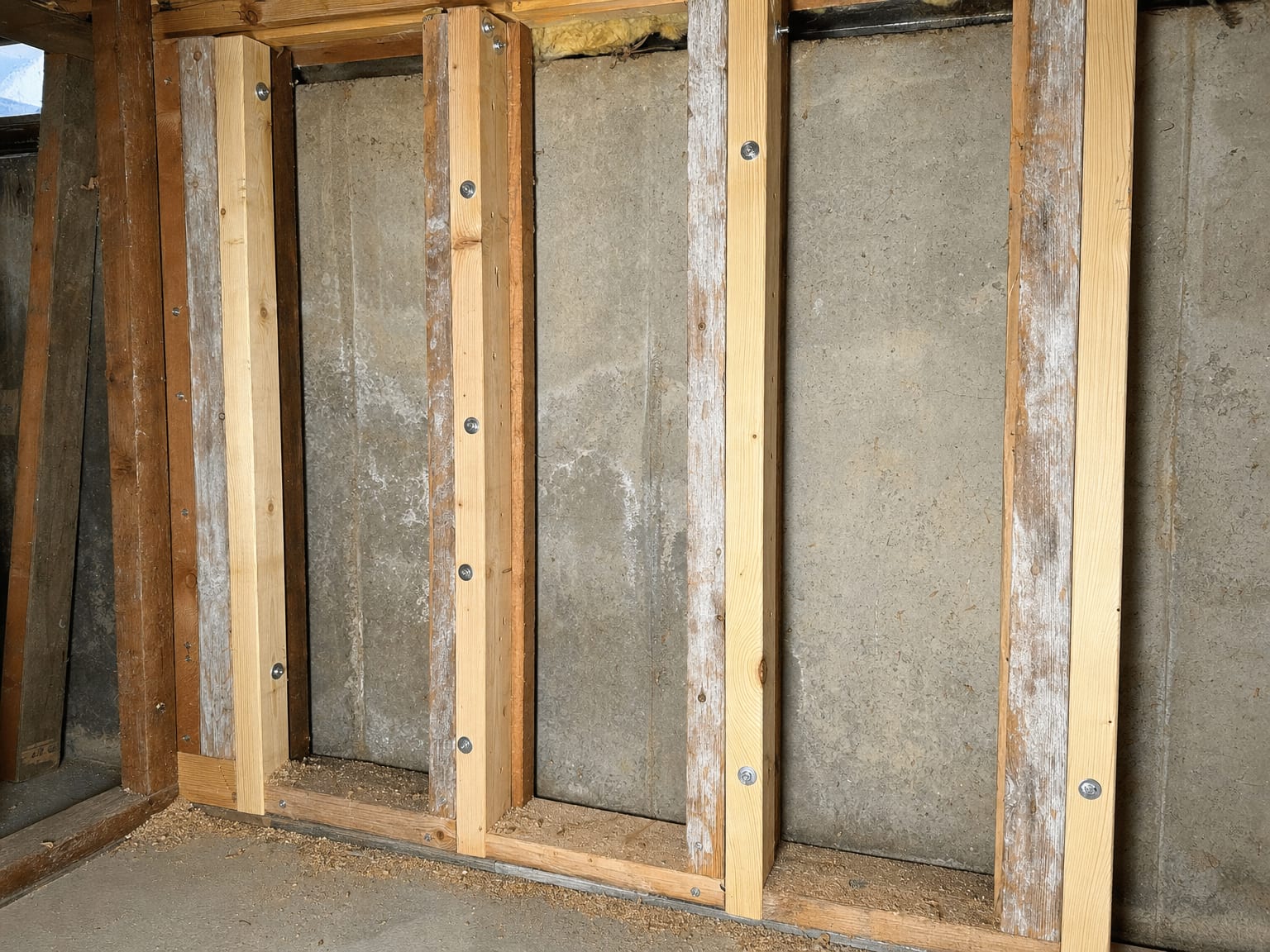 Close detail of fresh replacement wall studs fastened into a treated New Jersey basement framing bay alongside original lumber
