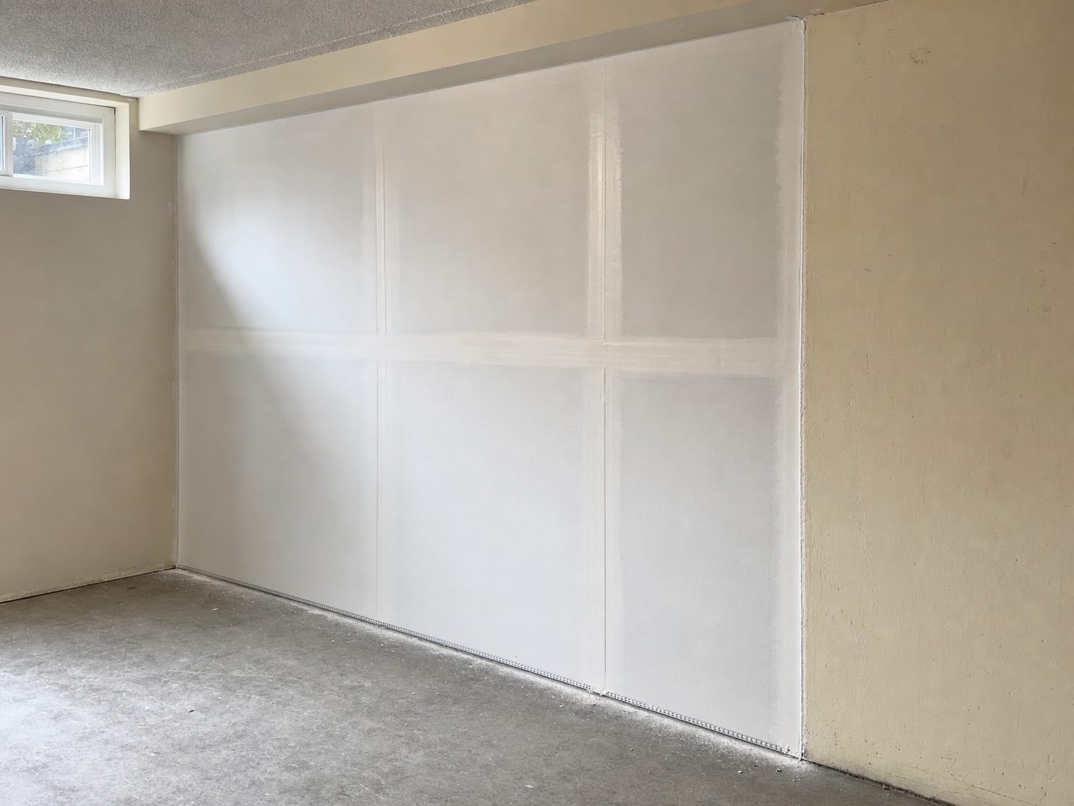 Newly drywalled and primed basement wall in a New Jersey home showing completed structural mold repair and build-back restoration