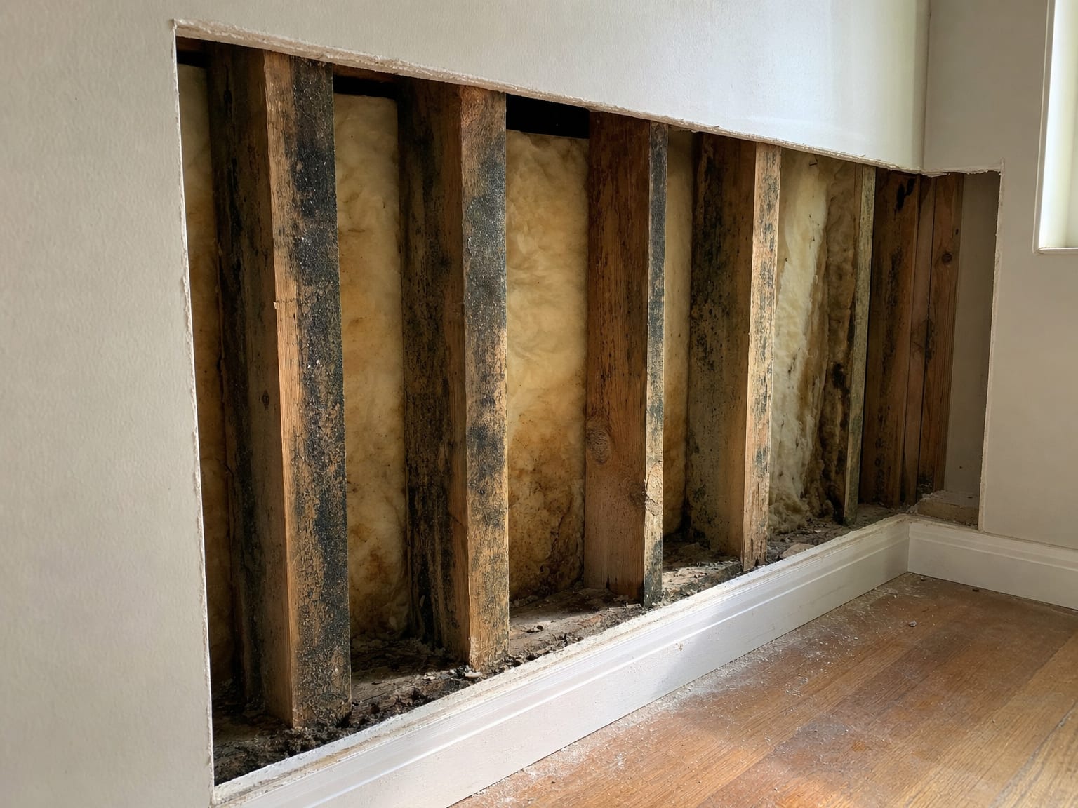 Opened wall cavity in a New Jersey home revealing dark mold-stained framing studs and discolored insulation after drywall removal