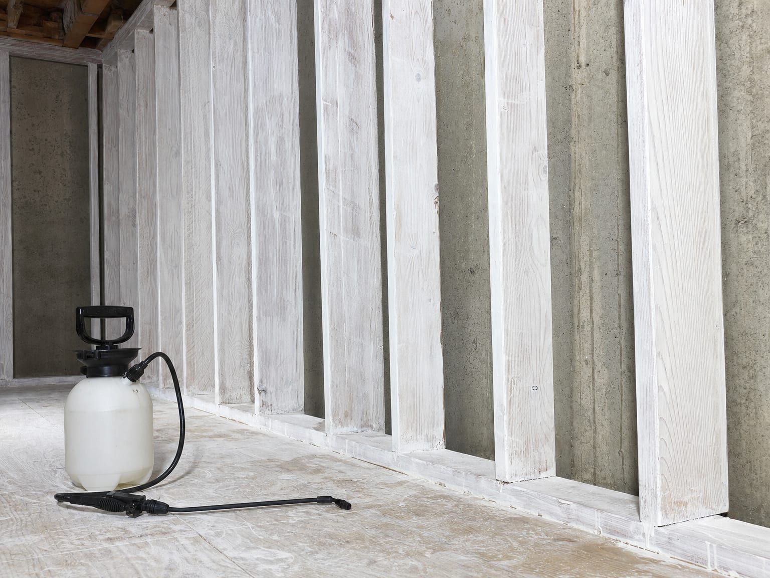 Heavy-duty plastic sheeting containment barrier sealing off a basement remediation zone in a New Jersey home