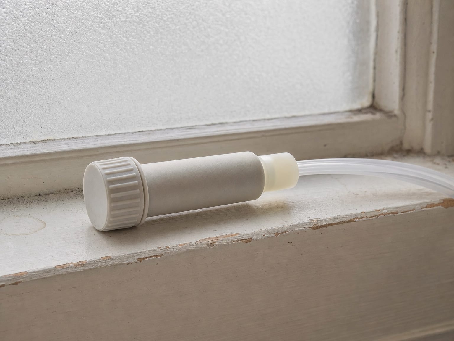 Close-up of a small cylindrical air sampling cassette secured to clear flexible tubing resting on a painted windowsill beside a frosted glass pane